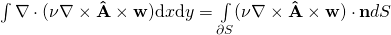 \int \nabla \cdot ( \nu \nabla \times \mathbf{\hat{A}} \times \mathbf{w}) \mathrm{d}x\mathrm{d}y = \int\limits_{\partial S} (\nu \nabla \times \mathbf{\hat{A}} \times \mathbf{w})\cdot \mathbf{n} dS