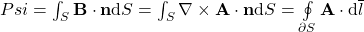 Psi = \int_{S} \mathbf{B} \cdot \mathbf{n} \mathrm{d}S = \int_{S} \nabla \times \mathbf{A} \cdot \mathbf{n} \mathrm{d}S = \oint\limits_{\partial S} \mathbf{A} \cdot \mathrm{d} \overline{l}